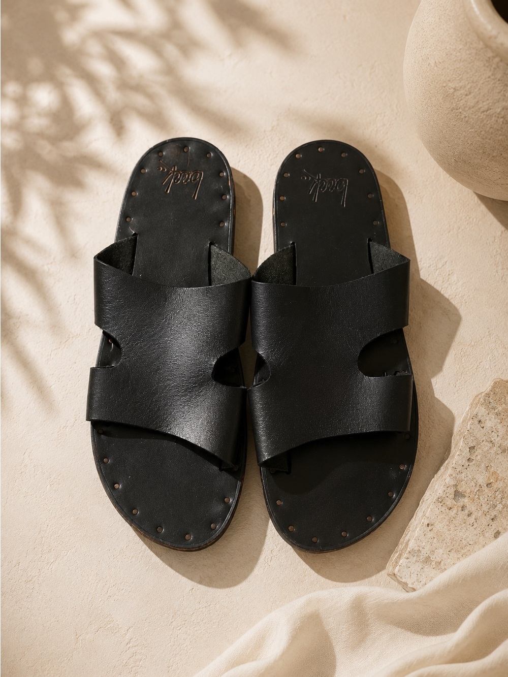 Beek Black Leather Slide Sandals Handmade Minimalist Flat Sandals Size 9